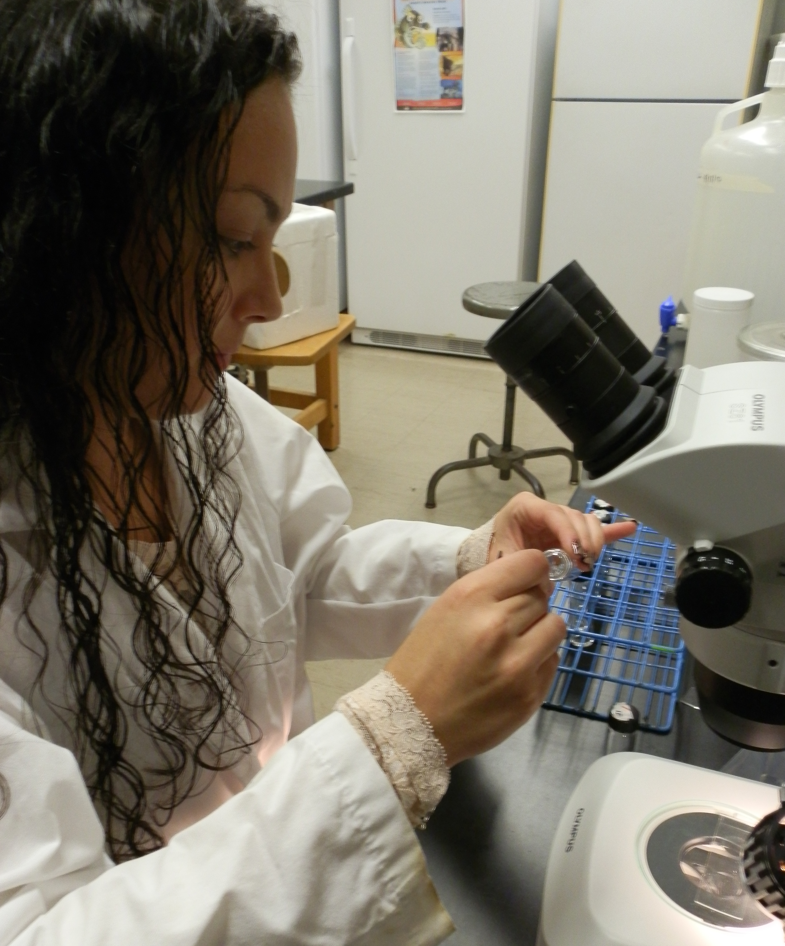 A person sitting in front of a microscope manipulating a vial. There is a slide waiting on the microscope.